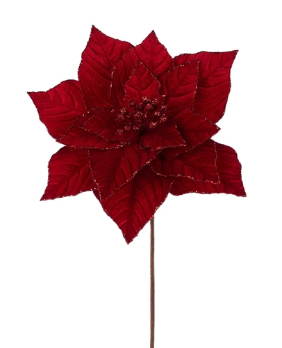 Velvet Poinsettia Pick - Red. This pick features a polyester velvet poinsettia flower with red petals with glittery red edges and a glittery red pips center. Measures 11.5in in diameter, 22in long with stem.