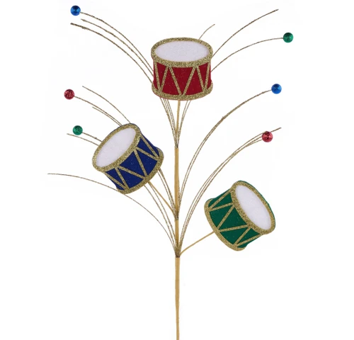 Glitter Felt Christmas Drums Spray. This wire spray features three felt drums in red, blue, and green, with glitter gold trim, accented with sprays of glitter gold and glitter styrofoam balls in red, blue, and green. Drums measure about 3.5in, spray measures 23in.
