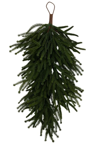 Willow Norfolk Pine Teardrop. This decorative arrangement made of green plastic realistic pine branches is in a teardrop shape on a wire hanger. Measures 28in.