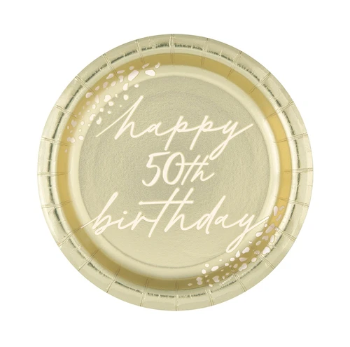 Gold Foil 50th Birthday Dessert Plates. These round, gold foil paper plates feature "happy 50th birthday" in white script, accented by a couple of clusters of matching white spots. Package includes 8 count plates measuring 6.75in.