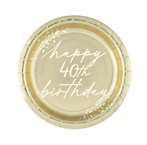 Gold Foil 40th Birthday Dessert Plates. These round, gold foil paper plates feature "happy 40th birthday" in white script, accented by a couple of clusters of matching white spots. Package includes 8 count plates measuring 6.75in.