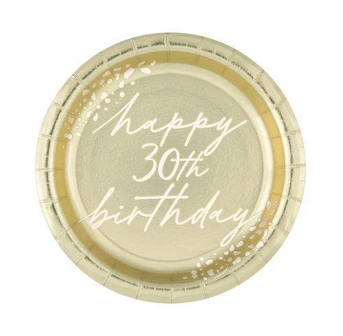Gold Foil 30th Birthday Dessert Plates. These round, gold foil paper plates feature "happy 30th birthday" in white script, accented by a couple of clusters of matching white spots. Package includes 8 count plates measuring 6.75in.