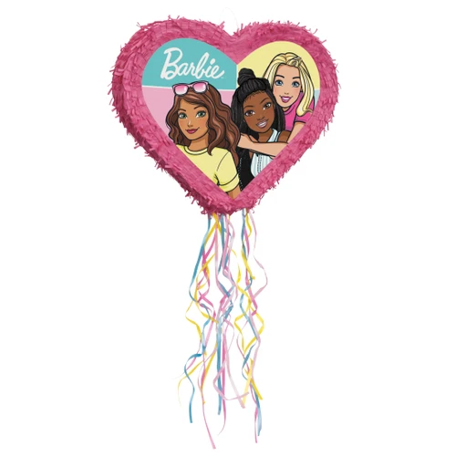 Barbie Heart Shaped Pinata. This heart shaped pinata features hot pink fringe and a print of three Barbies in a group pose, along colorful pull ribbons that make it easy and safe for everyone to enjoy. Measures about 16.5in tall x 20in wide x 3.75in thick.