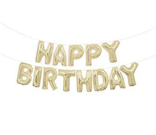 Happy Birthday Air Filled Balloon Banner Kit - Gold. This inflatable balloon banner kit features "HAPPY BIRTHDAY" in gold foil letters. Package includes 13 balloons measuring 14in, twine measuring 14ft, and a straw for inflation. Airfill only, will not float.