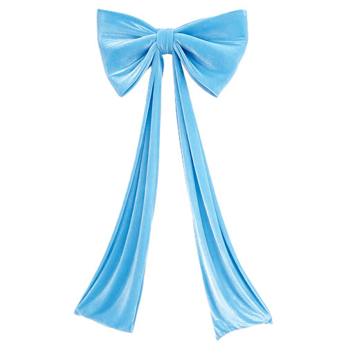 Giant Light Blue Velvet Bow. This large light blue velvet bow, reinforced with soft foam for a full and plush shape, features long tails for extra flair. For indoor use only. Hanging implement not included. Measures 32in x 18in with 72in tails.