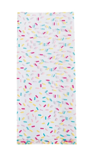 Donut Party Cello Bags. These clear cellophane bags feature a pattern of multicolor sprinkles, making them perfect for showcasing the goodies inside. Package includes 12 count bags measuring 11.5in x 5in x 2.25in.