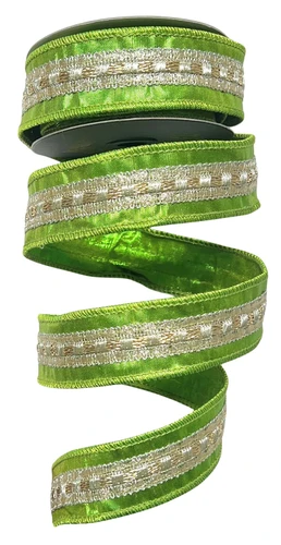 Apple Green Dupion Ribbon with Gold Trim. This premium ribbon from John Mark Enterprises features a shiny green color with a gold textured trim in the center. Includes wired edges for extra shaping. Measures 1.5in x 10yds.