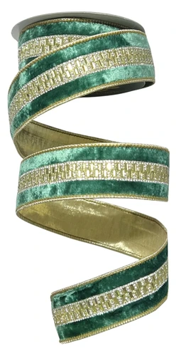Green Velvet Ribbon with Jeweled Trim. This premium ribbon from John Mark Enterprises features a soft green velvet with gold tinsel trim. The glittery gold center trim features tiny gold rectangular rhinestones and tinier clear round rhinestones. The underside is gold. Includes wired edges for extra shaping. Measures 1.5in x 5yds.