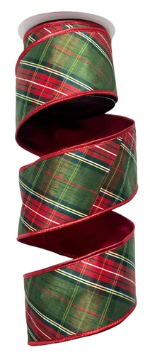 Traditions Plaid Ribbon. This double fused premium ribbon from John Mark Enterprises features a traditional green, red, white, and yellow plaid pattern with shimmery red metallic borders and underside. Includes wired edges for extra shaping. Measures 3.75in x 10yds.