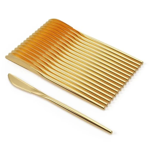 Trendables Gloss Gold Plastic Knives. Disposable, heavyweight plastic, with a glossy gold finish. Package contains 20 count plastic knives measuring 8in.