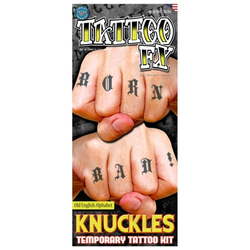 Old English Alphabet Temporary Tattoo Set. Featuring two of each letter of the alphabet in a small Old English font, as well as a few single forms of numbers, punctuation and symbols, this black ink design is perfect for covering the knuckles with a personalized message.
