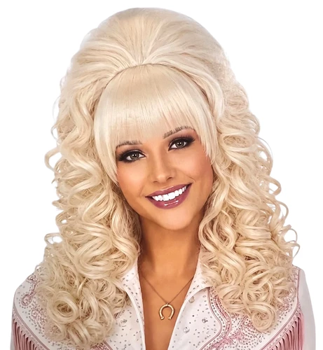 80s Country Music Legend Bouffant Wig. This synthetic wig features blonde, shoulder length curls with a stylish bouffant and bangs. One size fits most adults. May require additional styling to achieve desired look. Includes wig cap.