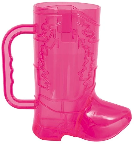 Hot Pink Plastic Cowboy Boot Mug. Made from translucent hot pink plastic and shaped like a cowboy boot with a handle. For cold beverages only. Measures 6.5in tall x 6.25in wide, opening 3.1in in diameter, 20oz.