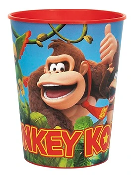 Donkey Kong Plastic Favor Cup. This red plastic cup features a wrap around design of Donkey Kong, Diddy Kong, and Squawks the Parrot among green jungle leaves and vines. Package includes one cup measuring 16oz.