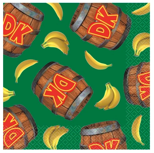 Donkey Kong Luncheon Napkins. These dark green, 2 ply paper napkins feature a pattern of yellow bananas and brown barrels with red "DK" logos. The underside is white with a brown barrel in the bottom left corner and a yellow "DD" logo. Package includes 16 count napkins measuring 6.5in when folded.