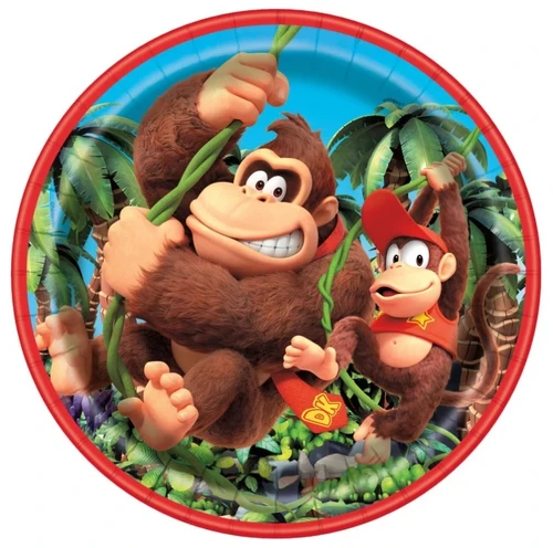 Donkey Kong Luncheon Plates. These round, red trimmed paper plates feature Donkey Kong and Diddy Kong swinging on vines in front of a background of a blue sky and green palm trees. Package includes 8 count plates measuring 8.5in.