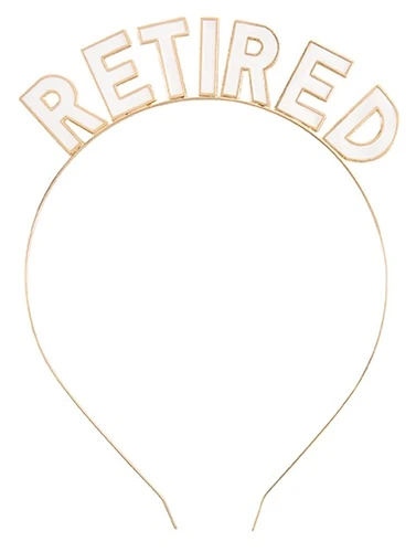 Retired Enamel Headband. This gold tone metal headband features "RETIRED" along the top in white letters with gold outlines. One size fits most.