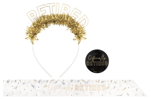 Officially Retired Wearables Kit. This kit includes a white satin sash with "Officially RETIRED" in gold foil, accented with gold, silver, and black confetti. It also includes a white plastic headband with gold foil fringe and "RETIRED" in white cardstock letters accented with old foil. Last is a black plastic button (measuring about 2.9in in diameter) with "Officially RETIRED" in a combination of gold script and capital print. 3 pieces total. One size fits most adults.