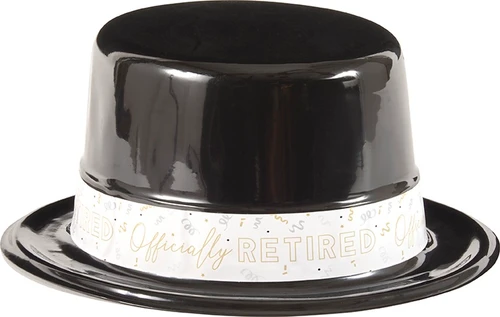 Officially Retired Plastic Top Hat. This black plastic top hat features a printed white paper band with a repeating pattern of "OFFICIALLY Retired" in a combination of capital print text outlined in gold and gold script, accented with confetti in silver, gold, and black. One size fits most.
