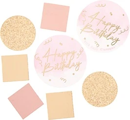 Blush Happy Birthday Table Scatter. This confetti features gold and rose gold foil square pieces measuring .75in, glitter gold circle confetti measuring 1in, and blush circle pieces measuring 1.75in with "Happy Birthday" in gold foil script. Net weight 2.5 ounces.