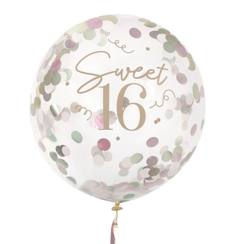 Sweet 16 Latex Confetti Balloon. This clear balloon features "Sweet 16" printed in gold script, and includes rose gold, gold, and silver foil circle confetti and a matching foil tassel tail. Balloon measures approximately 24in after inflation, tassel tail measures 6ft.