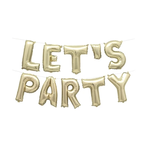Let's Party Air Filled Balloon Banner Kit - Gold. This inflatable balloon banner kit features "LET'S PARTY" in gold foil letters. Package includes 9 balloons measuring 14in, 1 smaller balloon (the apostrophe), 2 pieces of twine measuring 10ft each, and a straw for inflation. Airfill only, will not float.