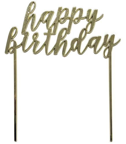Happy Birthday Gold Script Acrylic Cake Topper. This gold acrylic topper features "happy birthday" in lowercase script with two stakes to place in a cake. Measures 6in wide x 3.1in tall, 8in tall with stakes.