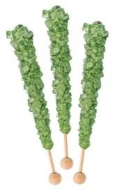 Rock Crystal Candy – Pickle flavor. This classic candy features colored and flavored sugar crystals attached to a stick. Includes 1 - approximately 6.5in rock candy stick.
