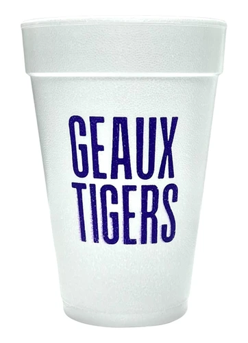 Geaux Tigers Styrofoam Cups. These white styrofoam cups feature "GEAUX TIGERS" in a solid capital print font in purple ink on both sides. Package includes 25 count 16oz cups.
