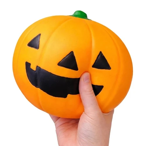 The Big Squij Pumpkin Slow Rise Squishy Toy. This smooth, bright orange, rounded smiling Jack O Lantern offers a satisfying squeeze and is slow to regain its shape. Package includes 1 count toy measuring about 5in.
