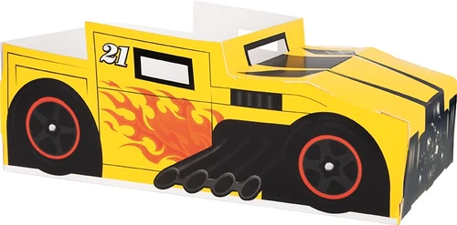 Hot Wheels Treat Boxes. These printed cardstock boxes when folded take the shape of a yellow hot wheels car with flames and the number "21." Snacks not included. Not microwave safe. Some assembly required. Package includes 6 count boxes measuring 9in x 4.75in x 3.5in when assembled.