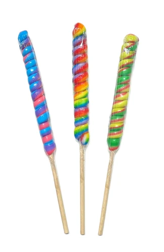 Fiesta Twister Pop - Small. This sweet sucker features a brightly colored twisted pop attached to a wooden stick. Available in Rainbow Cherry, Blue, Pink, and Purple Blue Raspberry, and Red, Green, and Yellow Watermelon. Desired flavor not guaranteed. Includes 1 twister pop measuring about 5.5in, 9.5in with stick.