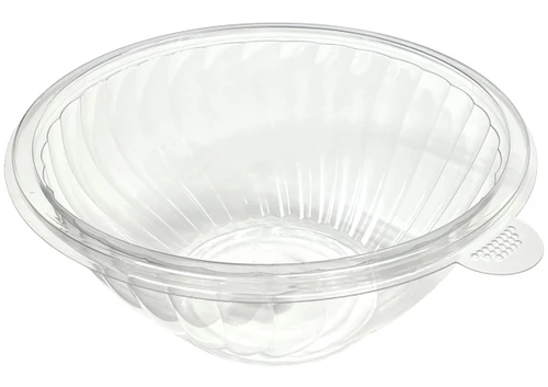 Disposable Clear Plastic Bowl. This round clear plastic bowl features a wavy patterned texture. Not meant for use with hot foods. Do not use with non matching lids, only for use with matching 160oz lid, sold separately. Measures 12in in diameter, about 5.25in tall.