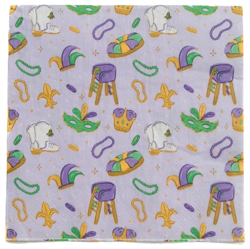 King Cake Party Luncheon Napkins. These lavender paper napkins feature a pattern of fleur de lis, jester hats, coins, beads, king cakes, masks, crowns, boots, and ladder chairs in a color scheme of muted purple, green, gold, and white. Package includes 20 count napkins measuring 6.5in when folded.