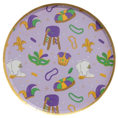 King Cake Party Luncheon Plates. These round, shallow, lavender paper plates feature a gold foil trim and a pattern of fleur de lis, jester hats, coins, beads, king cakes, masks, crowns, boots, and ladder chairs in a color scheme of muted purple, green, gold, and white. Package includes 12 count plates measuring 9in.