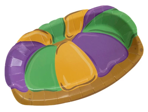 King Cake Shaped Paper Plates. These organically shaped paper plates look like a classic king cake with segments of purple, green, and gold on a brown cake, viewed from the side, the perfect size for appetizers. Package includes 12 count plates measuring 8.5in x 5.25in.