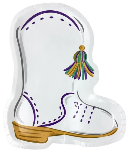 Majorette Boot Shaped Paper Plates. These white, boot shaped paper plates feature purple, green, and gold details. Package includes 12 count plates measuring 10in x 8.5in.
