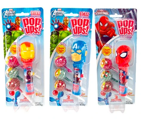 Avengers Pop Up Lollipop. This playful treat features a pop-up container with Iron Man, Captain America, or Spiderman, that keeps your lollipop safe and clean between bites. Each container comes with 3 delicious Chupa Chups lollipops in assorted fruity flavors. Desired character not guaranteed. Net WT 1.26oz.