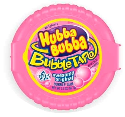 Hubba Bubba Bubble Tape. In an iconic pink, round plastic container, this original flavor bubble gum in rolled up tape form can be cut to desired length and kept in a clean, safe place. Container measures about 3in in diameter, tape measures about 6ft, Net WT 2oz.