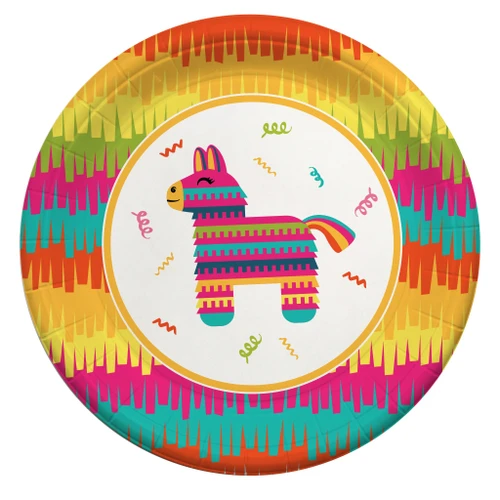 Fiesta Party Luncheon Plates. These round paper plates feature a classic colorful donkey pinata in the center with a matching colorful fringe border. Package includes 8 count plates measuring 9in.