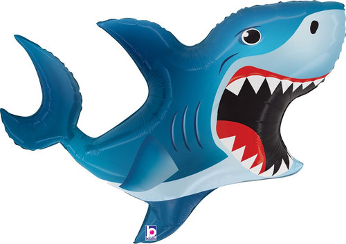 This shaped foil balloon features a shark with an open mouth full of sharp teeth. Balloon is approximately 35 inches after inflation.
