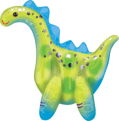 Airfill Stegosaurus Balloon. This DIY self-sealing balloon features a cute smiling green and blue stegosaurus with silver dots and stars. Includes a straw for inflating. Measures approximately 19in x 23in when inflated.