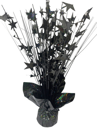 Holographic Foil Star Spray Centerpiece. This centerpiece features a black base with sprays of black stars, all in shimmery holographic foil. Measures about 14.5 inches.