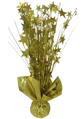 Holographic Foil Star Spray Centerpiece. This centerpiece features a gold base with sprays of gold stars, all in shimmery holographic foil. Measures about 14.5 inches.