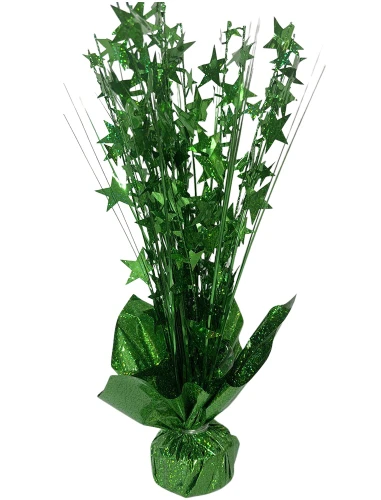 Holographic Foil Star Spray Centerpiece. This centerpiece features a green base with sprays of green stars, all in shimmery holographic foil. Measures about 14.5 inches.
