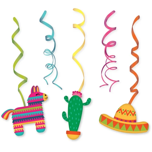 Fiesta Party Swirl Decorations. These colorful swirls feature printed cardstock cutouts of a classic donkey pinata, a cactus, and a sombrero, printed on both sides. Package includes 2 count plain swirl decorations and 3 count swirl decorations with cutouts measuring about 15.25in, 5 pieces total.