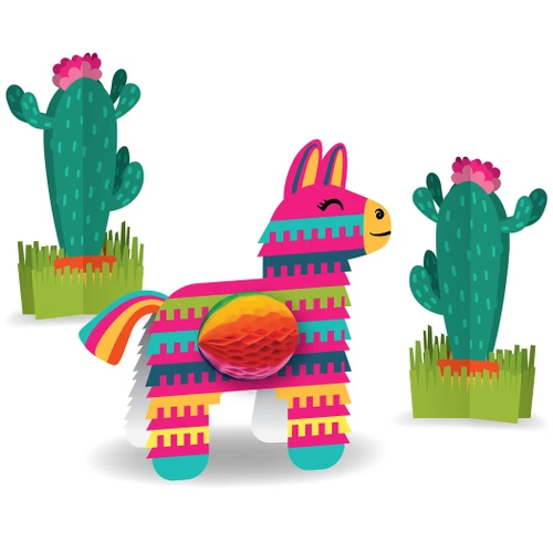 Fiesta Party Honeycomb Centerpieces. These small, multicolor printed cardstock centerpieces feature two standing cacti and one classic donkey pinata with a honeycomb tissue paper belly. Some assembly required. Package includes 2 count cacti measuring 3.55in x 6.7in and 1 donkey measuring 8.9in x 6.85in, 3 pieces total.