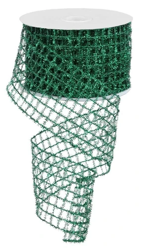 Emerald Green Tinsel Mesh Ribbon. This part metallic, part nylon, and part polyester ribbon features shimmery green tinsel in a mesh design. Measures 2.75in x 10yds.