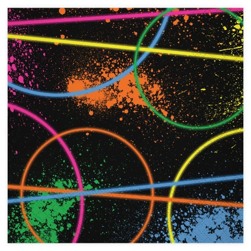 Glow Party Paper Luncheon Napkins. These black, 3 ply paper napkins feature paint splatters, glow sticks, and glow necklaces in bright neon colors. Package includes 16 count napkins measuring 6.5in when folded.