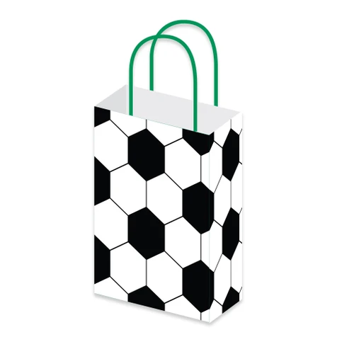 Soccer Loot Bags. These white paper treat bags have a print of classic black and white soccer ball pattern with green handles. They're perfect for sports-themed birthdays, team celebrations, or watch parties. Package includes 8 count bags measuring 5in x 8.25in x 3in.